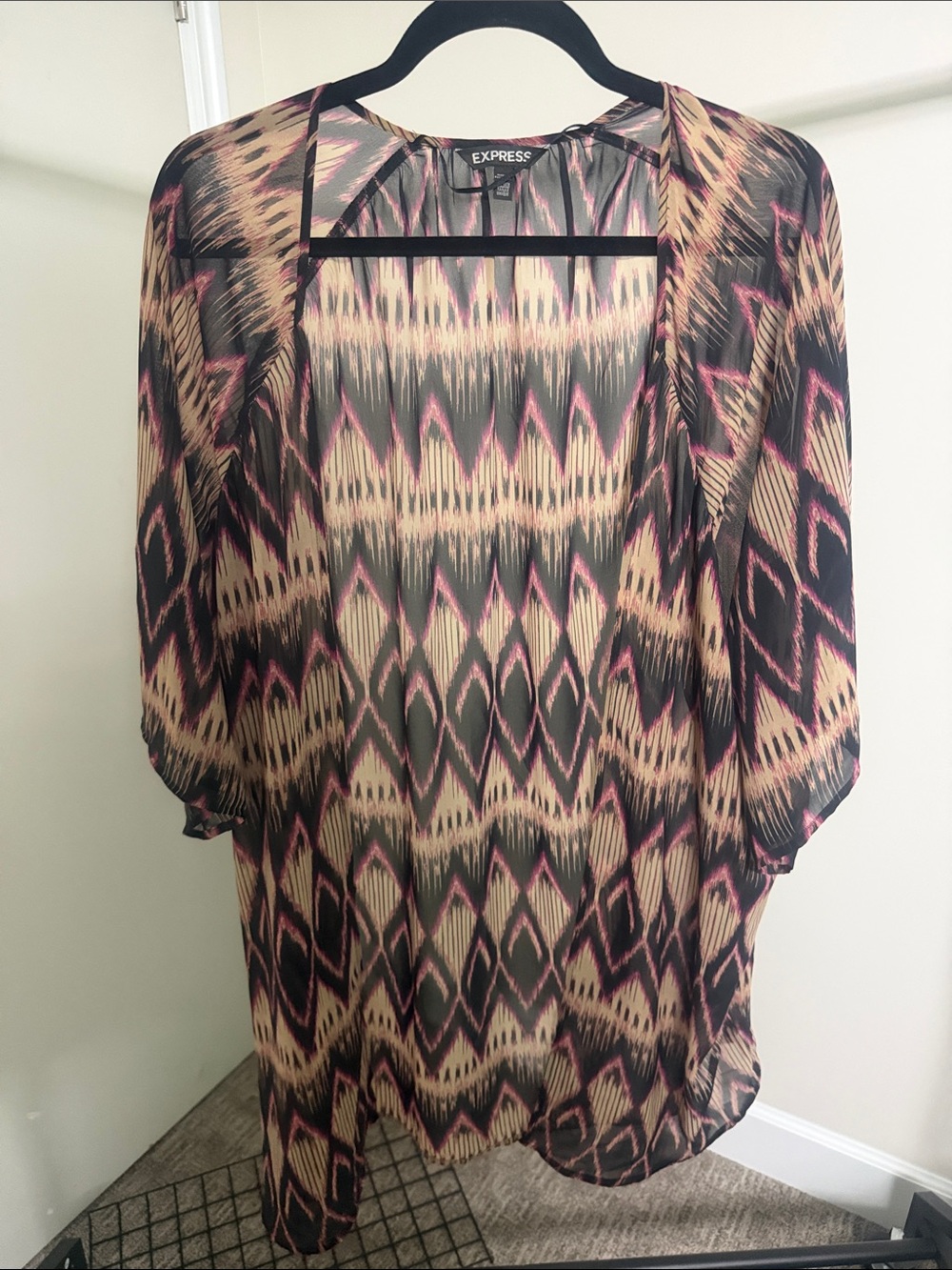 Express Sheer Printed Open Kimono in Black and Beige with Pink Accents